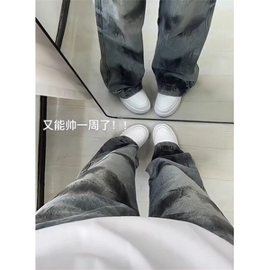 DK948-P55泼墨脏脏阔腿牛仔裤男美式高街宽松直筒裤子-网图现货图片