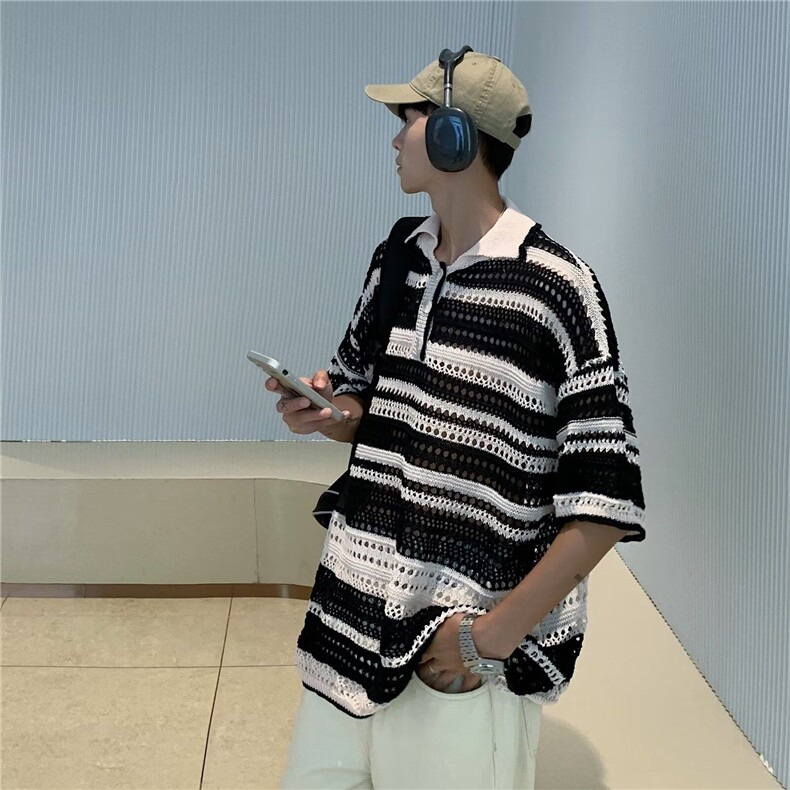 日系复古镂空针织条纹翻领POLO衫短袖夏季小众设计感情侣男女T恤,男装T恤,星座410-7