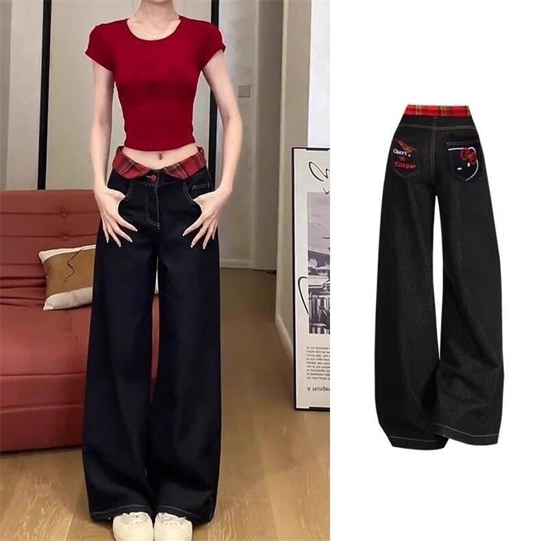 kt猫刺绣黑色直筒牛仔裤女2026春季新款小个子高腰宽松阔腿长裤子，男装牛仔裤，星座1210-1