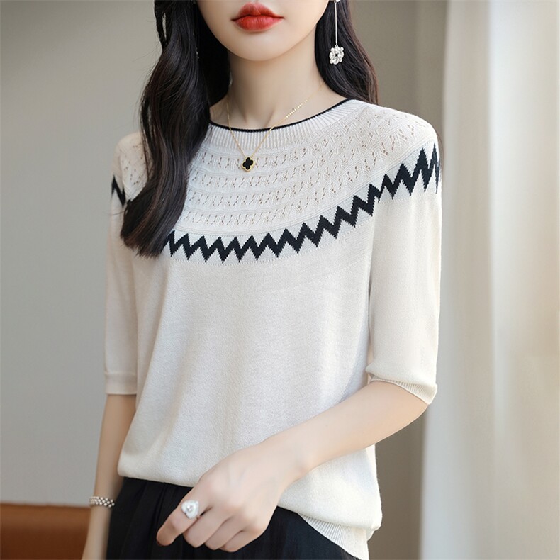 撞色镂空设计圆领针织五分袖T恤女简约2025夏季新款百搭短袖背心，女装T恤，暖烁羊绒