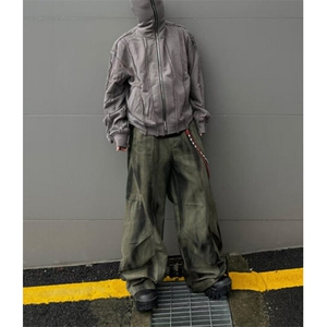 设计感宽松褶皱拼接做旧牛仔裤男潮牌休闲阔腿廓形弯刀裤 NA284图片