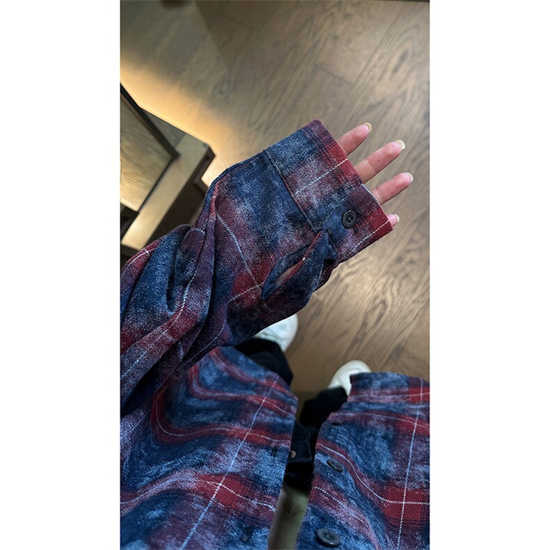 现货复古晕染格子长袖衬衫女高级感慵懒风外套男C19-P50控78,男装衬衫,星座205-5