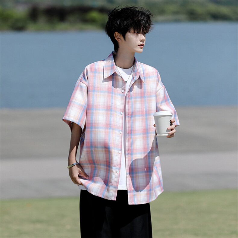 8XL-M格子短袖衬衫男夏季薄款DK制服衬衣JK学院风半袖外套DC28004,男装衬衫,电商B312