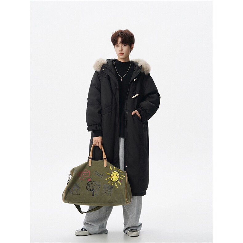 8XL-M90白鸭绒大毛领羽绒服男中长款过膝设计感牛角扣YRFC05P398，男装羽绒服，电商D206-1