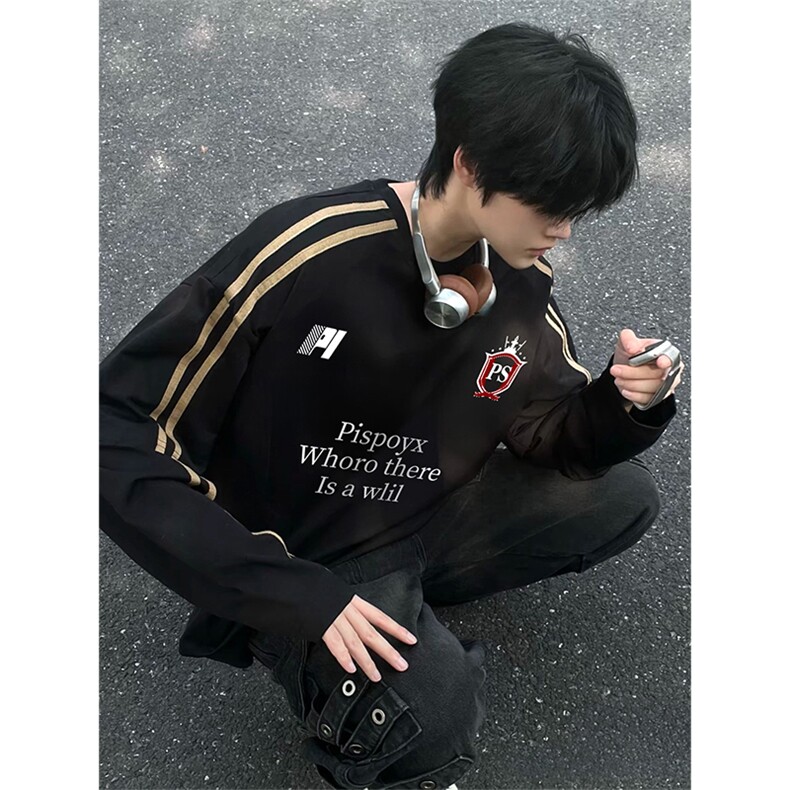 抖音得物式高街重磅结构织带假两件双纱纯棉印花长袖T恤AW10303，男装T恤，电商A443