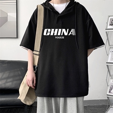 LD54001-P45连帽短袖t恤男大码胖子带帽五分袖中袖，男装T恤，电商A040