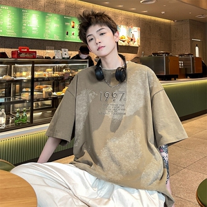 复古港风休闲扎染刺绣潮流短袖T桖日系百搭痞帅上衣HY322TP35控58图片