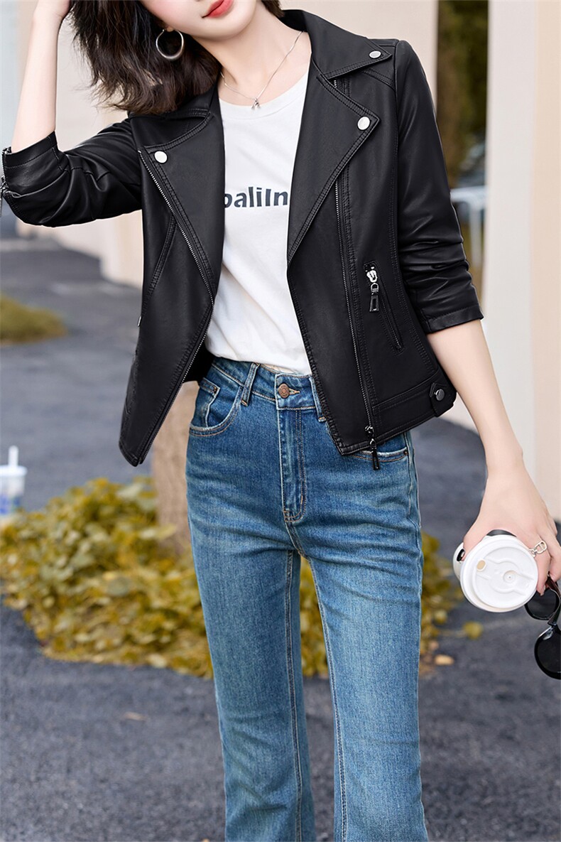 现货仿真皮外套女短款2024春秋新款时尚宽松显瘦机车皮夹克上衣,女装皮衣,美拉德工厂直营店