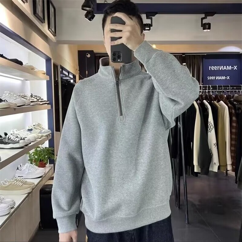 高级感翻领针织衫男设计感半拉链毛衣小众时尚情侣百搭宽松休闲图片