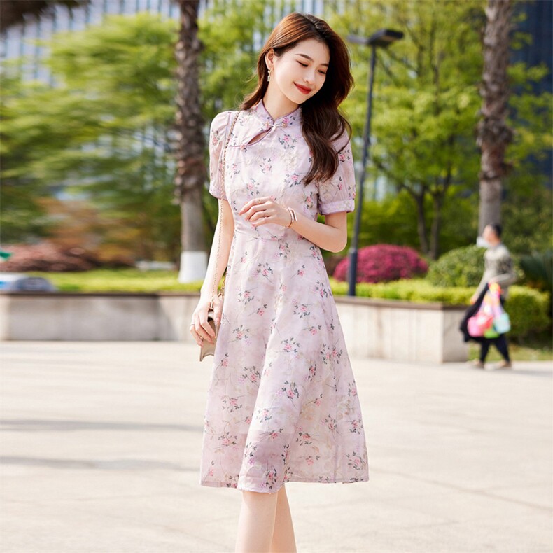 2023新款夏装女装复古立领碎花中长款减龄显瘦旗袍裙连衣裙,女装连衣裙,安之芮娜