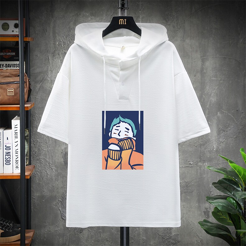 LD54042-P45 连帽短袖t恤男大码胖子带帽五分袖中袖 展架图片