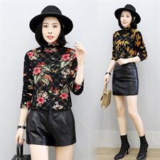 2020年冬季长袖印花花色植绒纱网镶钻修身蕾丝衫，女装蕾丝衫/雪纺衫，安之芮娜