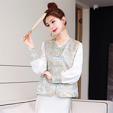 新中式国风马甲叠穿女装2025春秋新款盘扣刺绣提花背心，女装马甲，美静678