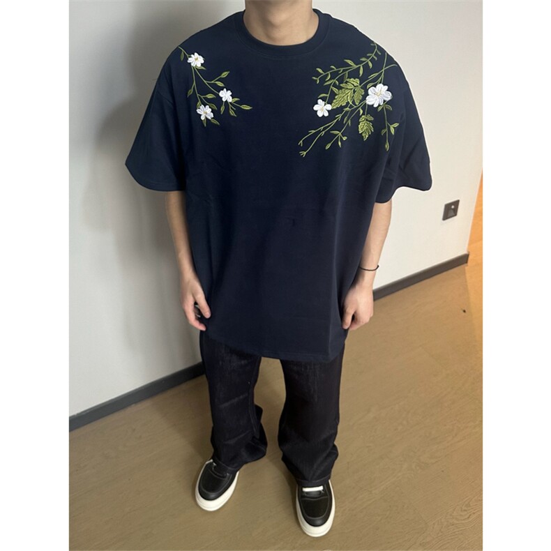 网图有货夏季美式复古花卉刺绣字母短袖宽松花边t恤男女A456-P35,男装T恤,星座1505
