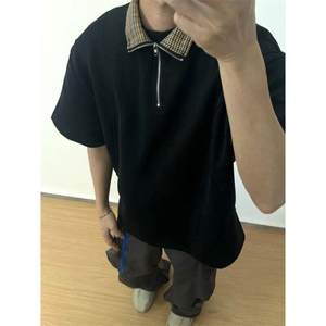 夏季拼接格子半拉链短袖polo衫男美式复古宽松体恤衫LT25066-p38图片