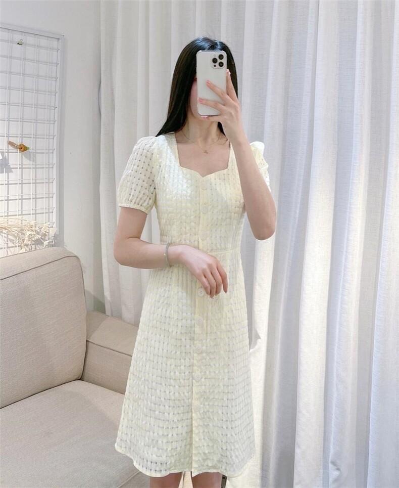 DINOBIENS【现货】夏季新款韩系方领格子连衣裙，女装连衣裙，迪诺比亚