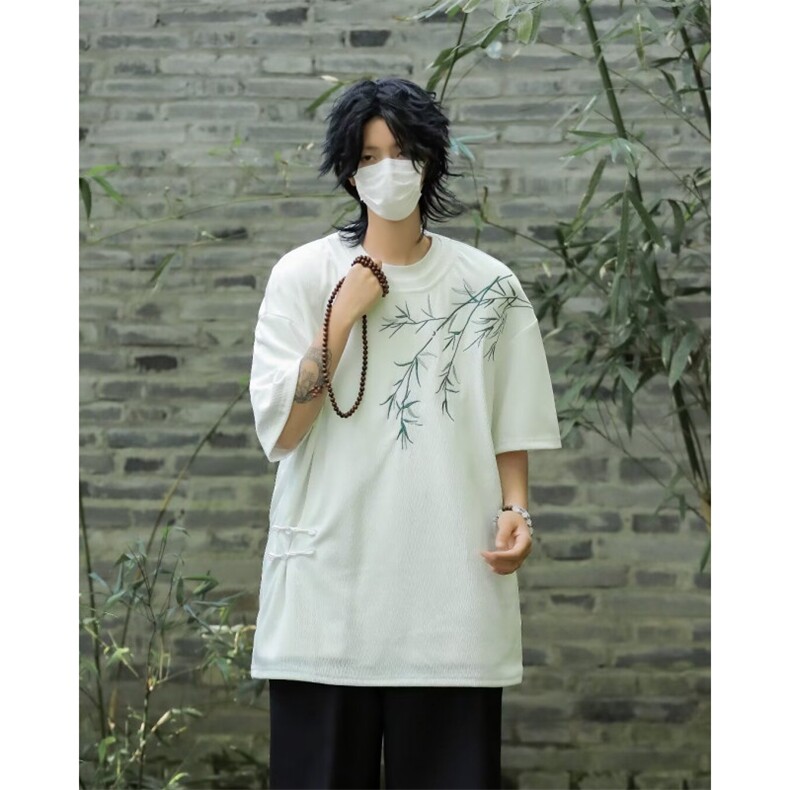 新中式竹子刺绣T恤短袖男夏季圆领风满天星垂感刺绣包边T5500,男装T恤,星座1116A-1（原606A）