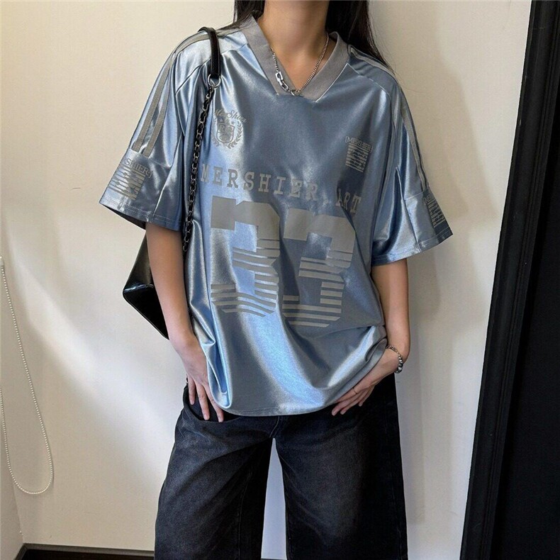 美式复古V领拼接字母印花短袖T恤夏季运动透气球衣男女LT1599-P37图片