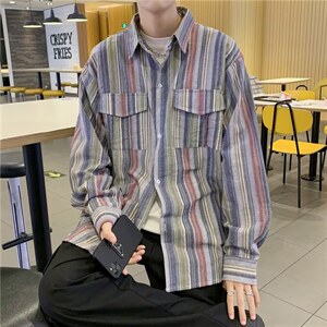 复古条纹长袖衬衫男港风彩虹拼色衬衣原宿风CS728P36图片