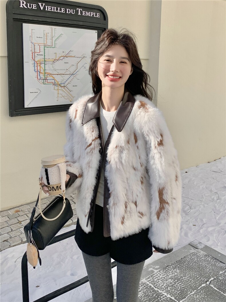 韩系设计感拼皮仿皮草女2025冬季新款小个子加厚保暖短款毛毛外套,女装短外套,艾米莉亚