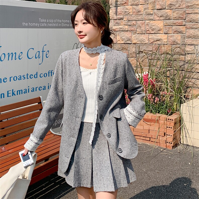 灰色设计感蕾丝拼接小香风套装裙女2025春季气质半身裙两件套,女装套装/套裙,幸运星