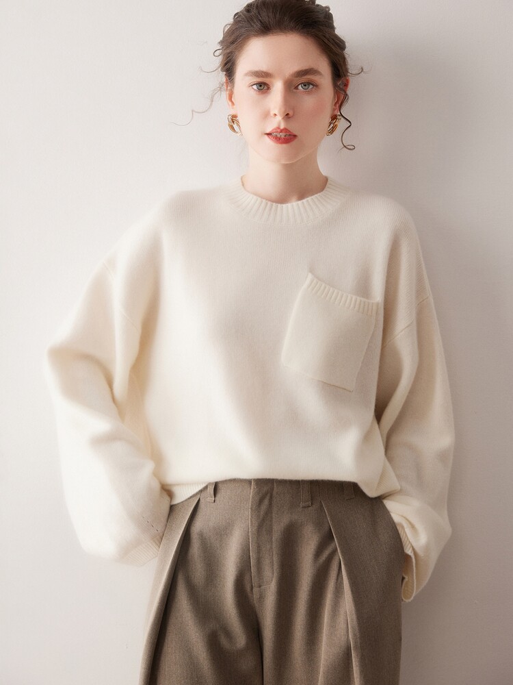 慵懒风口袋100%纯山羊绒衫圆领宽松女毛衣2025秋冬新款针织衫白色,针织衫/毛衣,美创羊绒