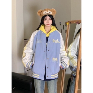 网图现货撞色刺绣棒球服男女春秋季潮三条杠拼接百搭夹克外套图片