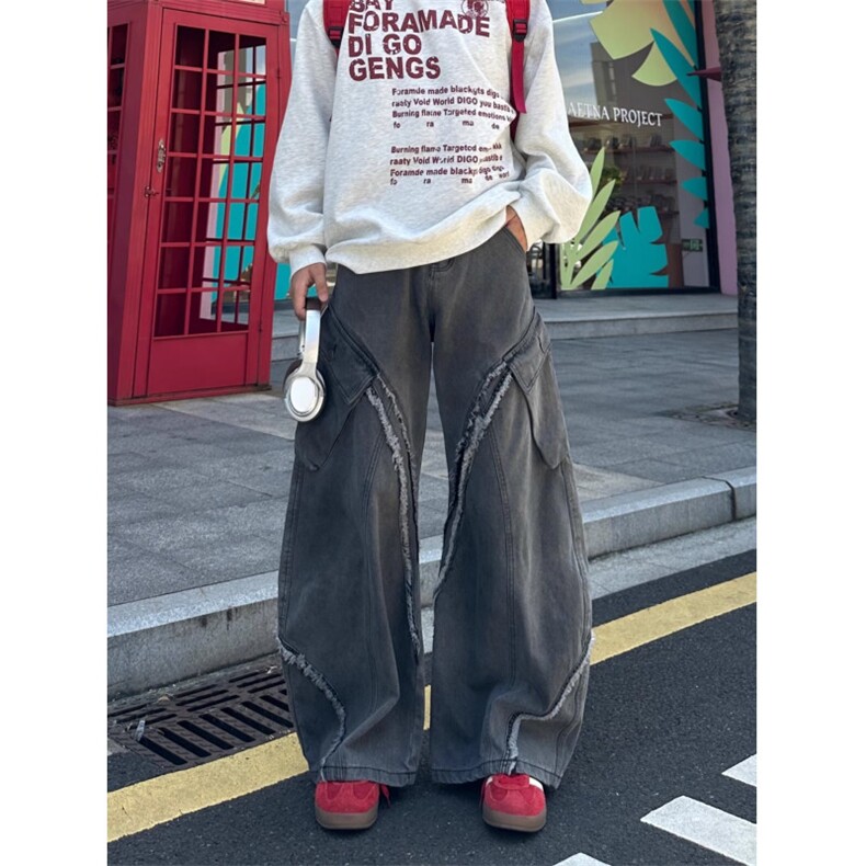 毛边破洞牛仔裤男痞帅炸街vibe风嘻哈水洗做旧宽松直筒裤NZX630,男装牛仔裤,星座516A