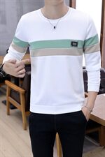 冬季加厚保暖卫衣男圆领套头拼接条纹商务打底衫白702加绒，男装卫衣，星座1207