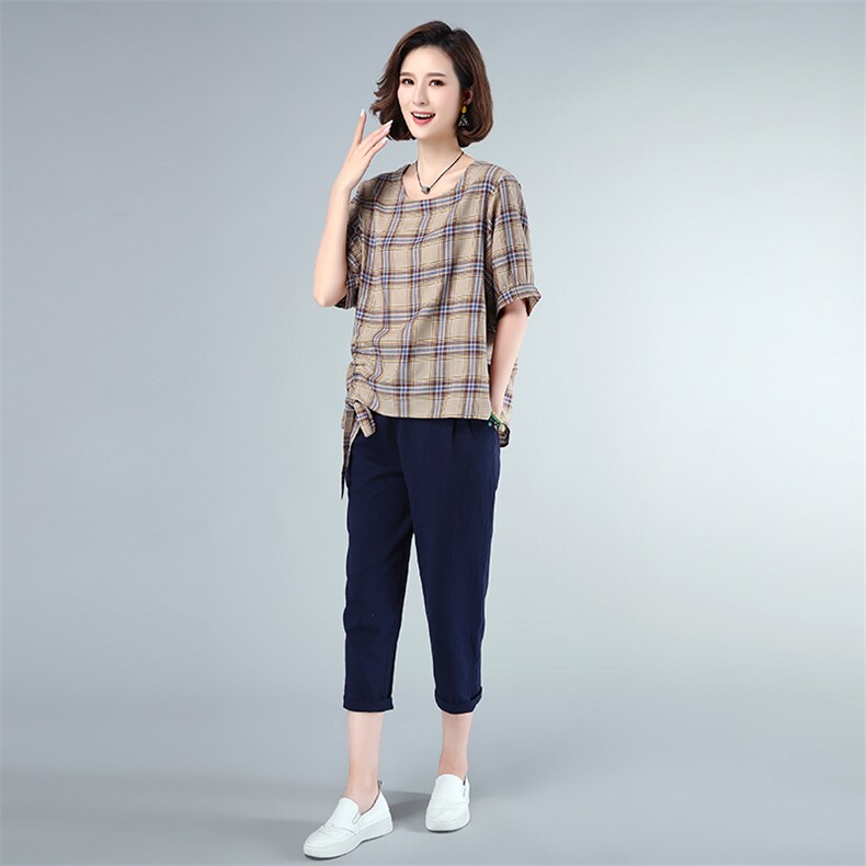 套装/套裙2021年夏季时尚圆领格子休闲裤插袋两件套,女装套装/套裙,独衣靓
