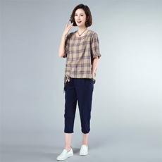 套装/套裙2021年夏季时尚圆领格子休闲裤插袋两件套，女装套装/套裙，独衣靓
