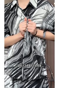 冰丝水墨短裤男短袖衬衫男套装男M-5XL大码TZ78713P50控98模特图图片