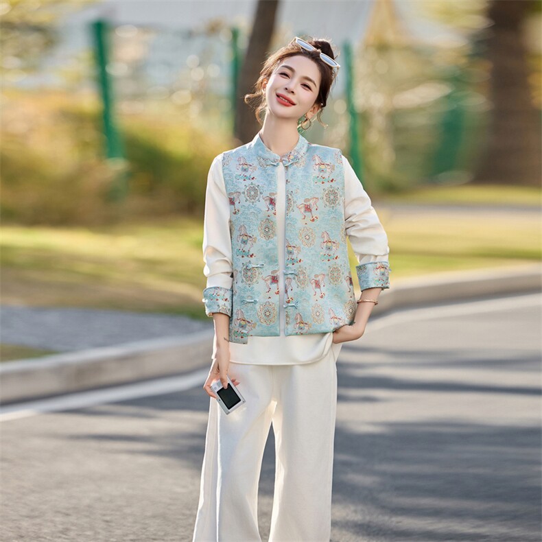 现货！2026春装新款新中式复古刺绣马甲上衣两件套，女装套装/套裙，涵墨