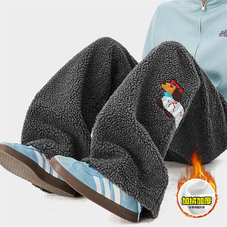 冬季美式刺绣羊羔毛棉裤男女情侣加绒加厚保暖宽松休闲阔腿长裤子，男装棉衣，电商A486-1