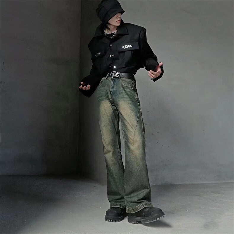 美式ins高街hiphop微喇重工艺水洗复古蓝牛仔裤货号K2322-1P60图片