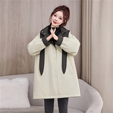 高端羽绒服女撞色格子拼接连帽中长款派克服冬2025新款白鸭绒外套，女装羽绒服，牡丹诺