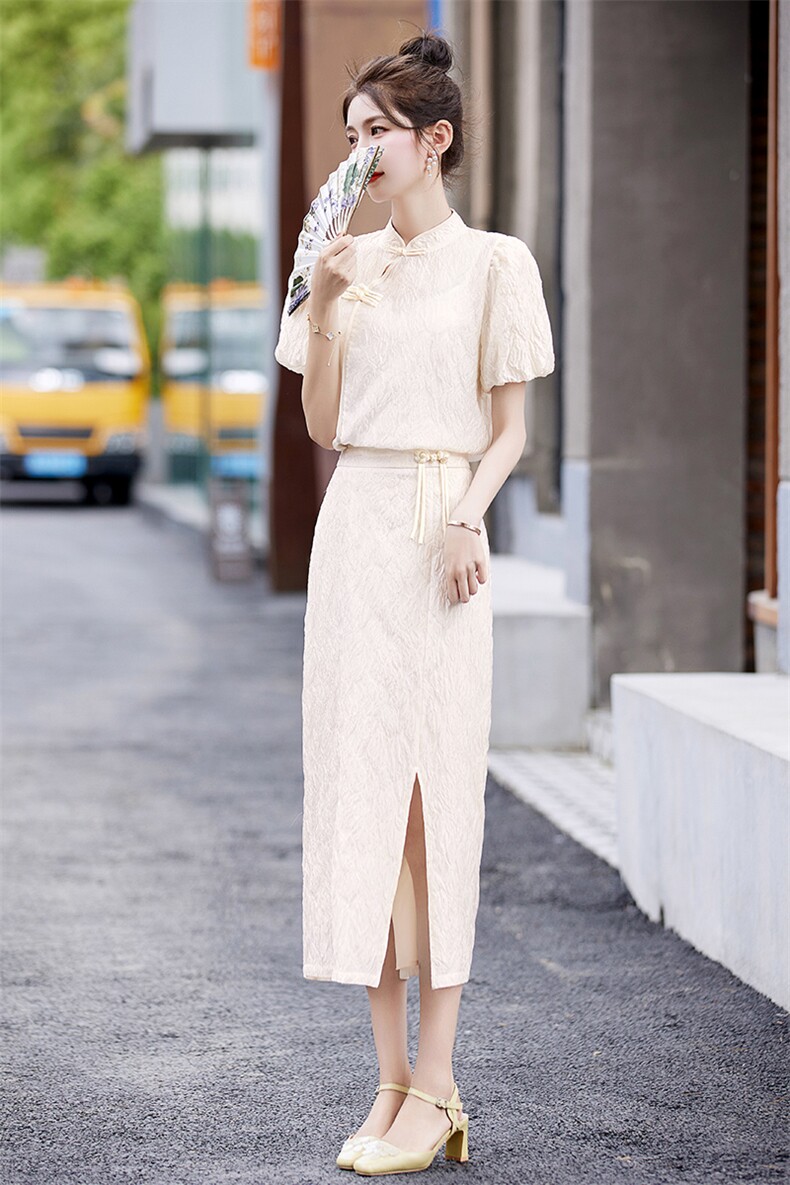 现货2025年夏季新款时尚气质修身新中式连衣裙,女装套装/套裙,关键词