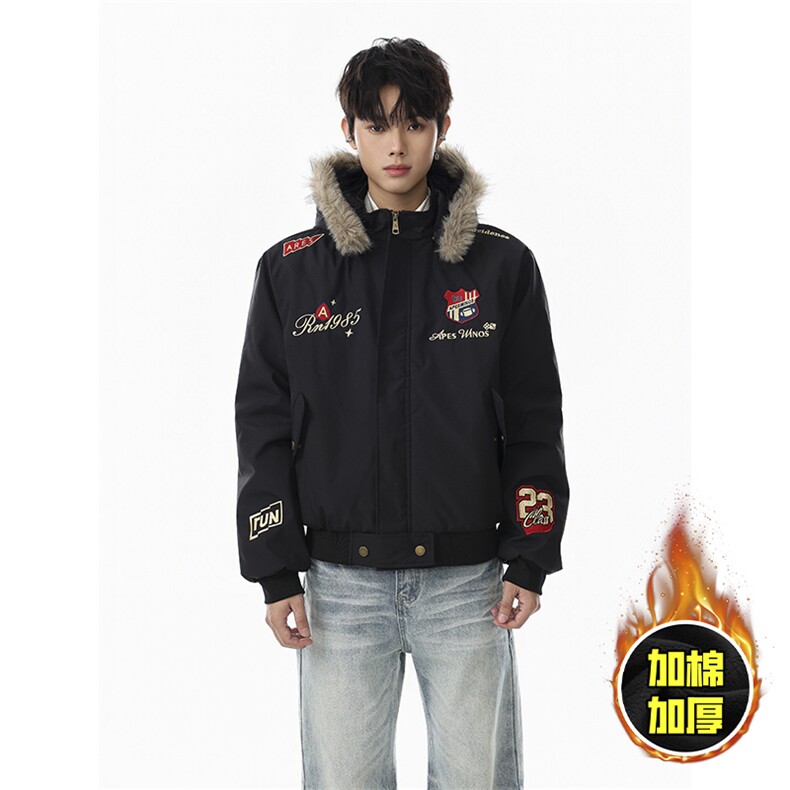 现货高品质美式高街重磅刺绣座山雕大毛毛领棉衣男女加厚棉服外套，男装棉衣，电商A486-1