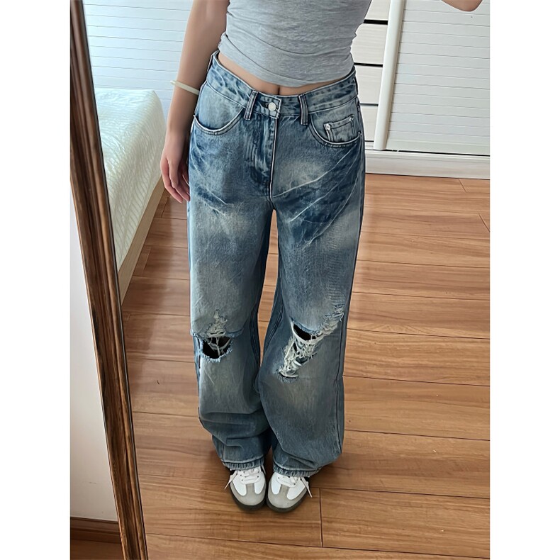 美式高街破洞刺绣牛仔裤女新款直筒宽松百搭休闲长裤NA18-P56，男装牛仔裤，星座208-5