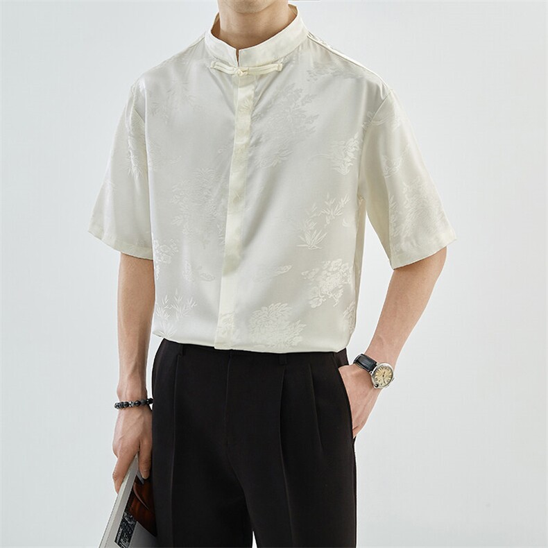 夏季新中式风立领竹叶短袖衬衫男冰丝衬衣A236-0861-特P35图片