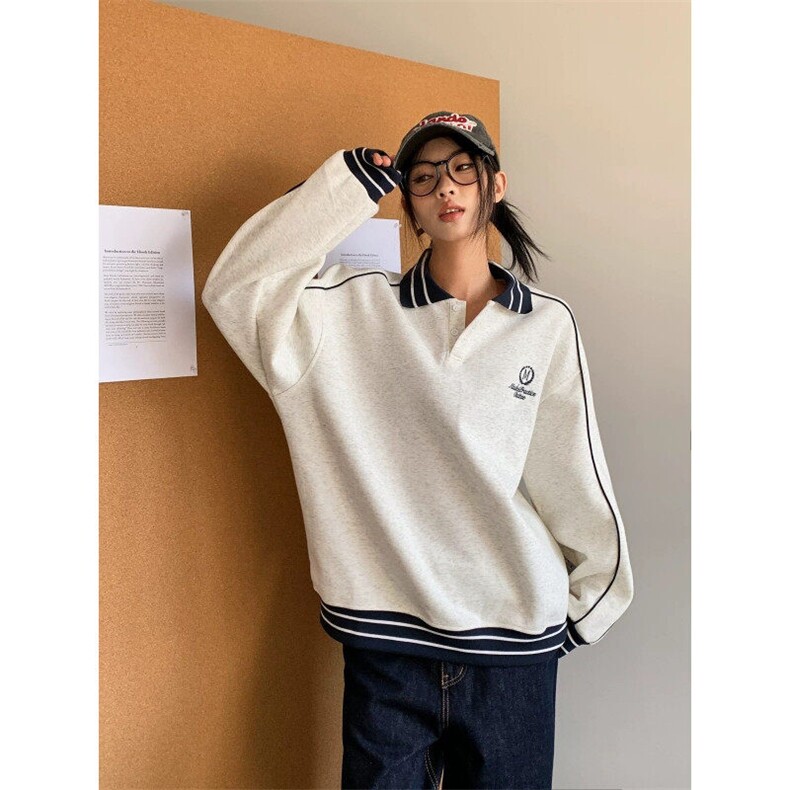 W9536-P50网图现货美式复古运动风翻领卫衣宽松长袖POLO衫潮，男装Polo衫，星座1608-2