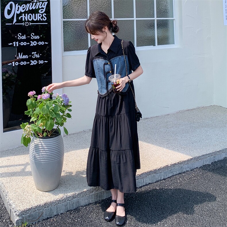 设计感牛仔拼接连衣裙女2025夏季新款韩系减龄显瘦假两件a字长裙,女装连衣裙,2C032