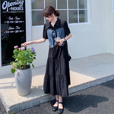 设计感牛仔拼接连衣裙女2025夏季新款韩系减龄显瘦假两件a字长裙，女装连衣裙，2C032