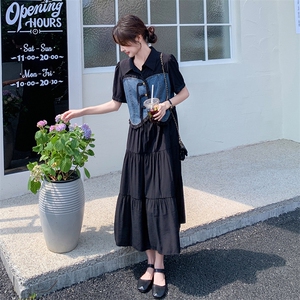 设计感牛仔拼接连衣裙女2025夏季新款韩系减龄显瘦假两件a字长裙图片