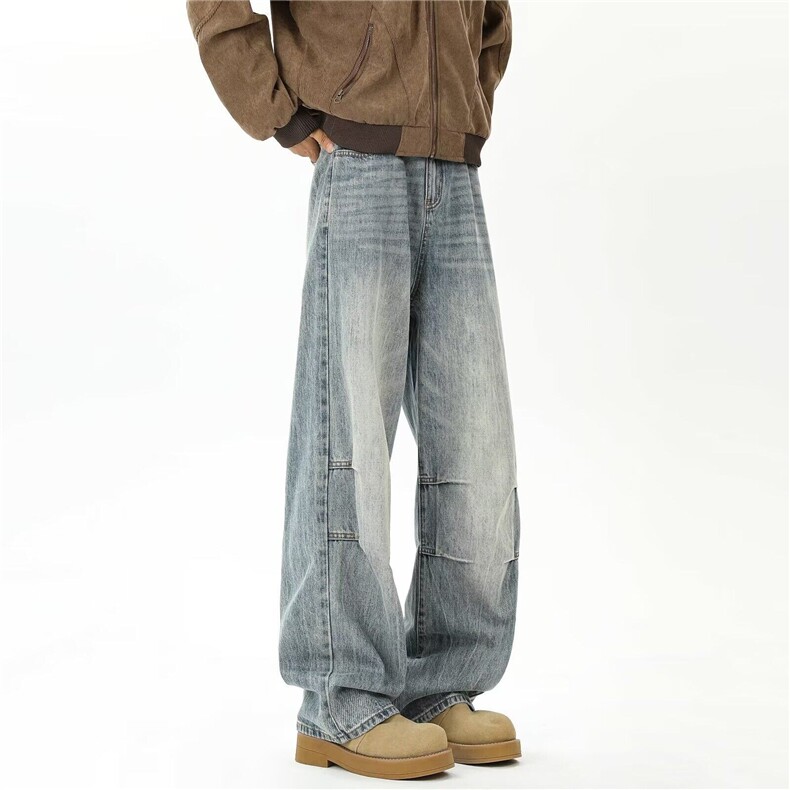 25美式复古褶皱做旧牛仔裤新款宽松百搭阔腿直筒裤子X14P55，男装牛仔裤，电商D256-2(原A064-2)