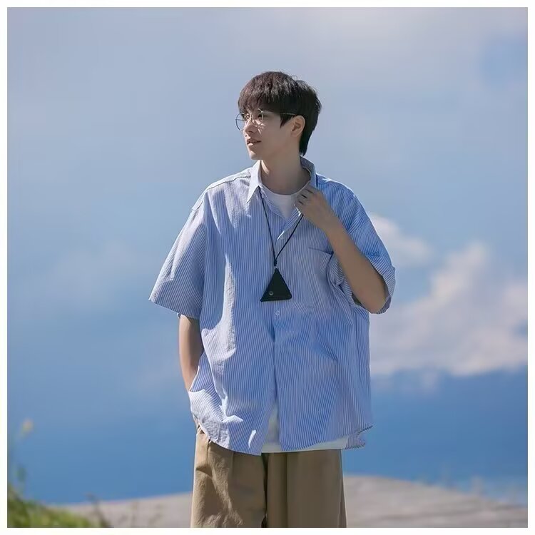 日系条纹衬衫男生夏季宽松大码薄款外套CityBoy潮牌休闲短袖衬衣,男装衬衫,星座1210-1