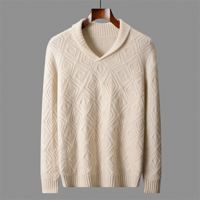 2025秋冬百搭时尚简约加厚青果领菱形提花针织衫，男装羊绒套衫，盛欣羊绒