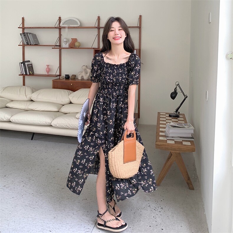 法式温柔风碎花连衣裙女2025新款夏季优雅开叉设计收腰显瘦小黑裙图片