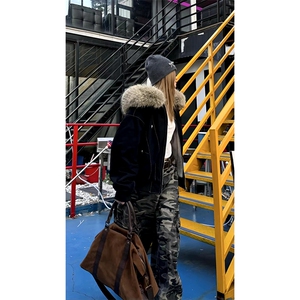 现货重磅boxy短款棉衣座山雕大毛毛领男女棉服水洗工装厚外套图片