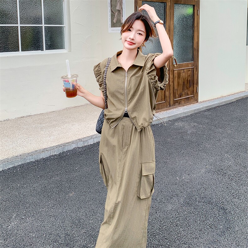 工装风休闲套装裙女2025年夏季新款韩系显瘦拉链上衣半身裙两件套,女装套装/套裙,维壹